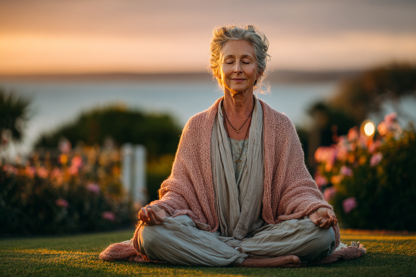 Възрастна жена практикува йога на открито