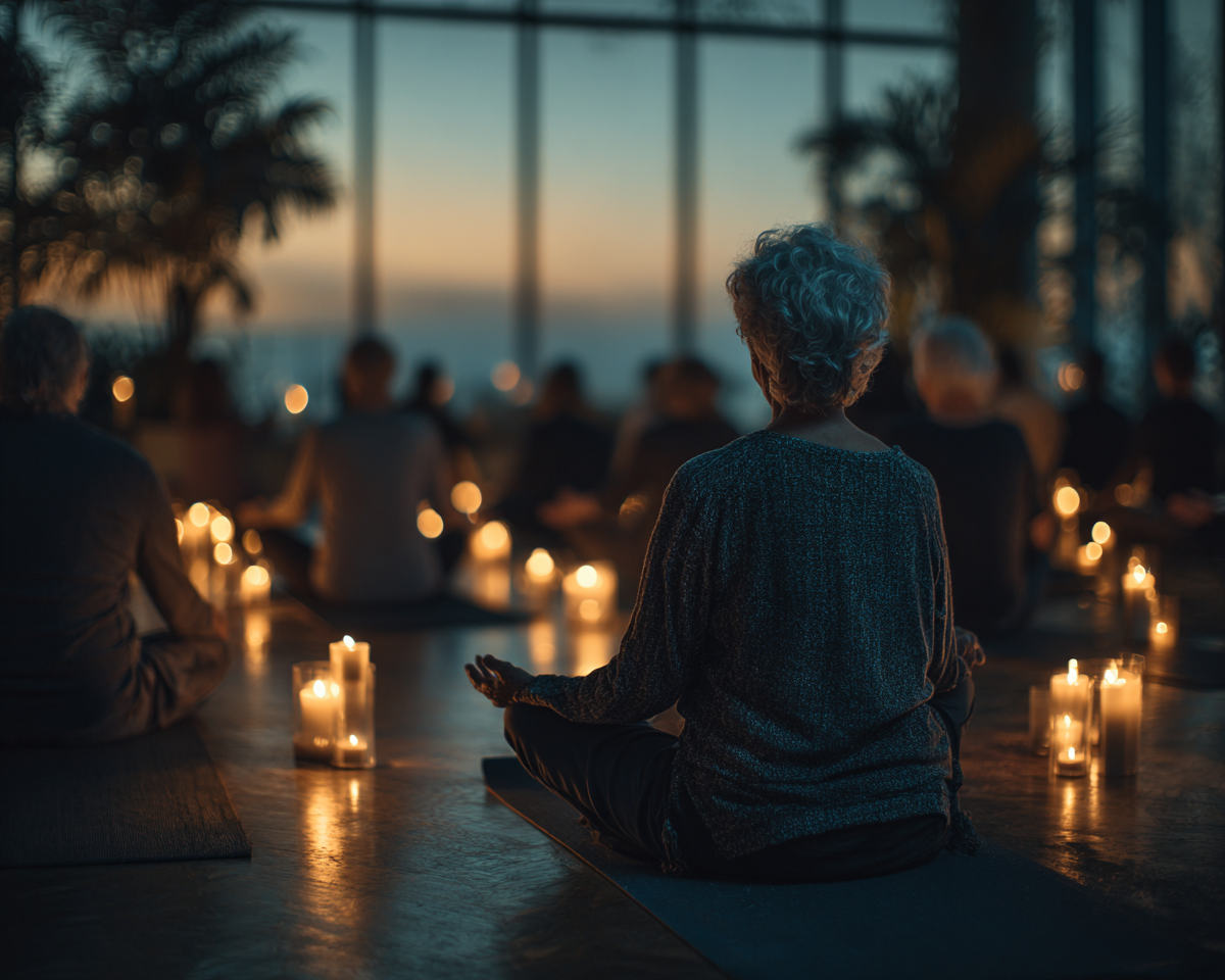 Група възрастни хора практикуват йога в студио